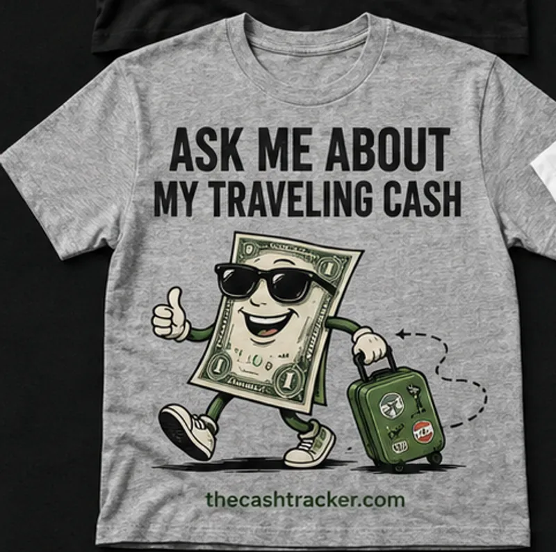 Ask Me About My Traveling Cash — Traveling Cash Tee — Heather Gray TheCashTracker t-shirt design